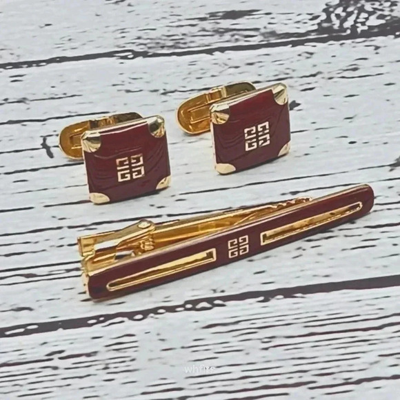Givenchy Burgundy and Gold Tone Cufflinks and Tie Bar Set - Picture 1 of 3